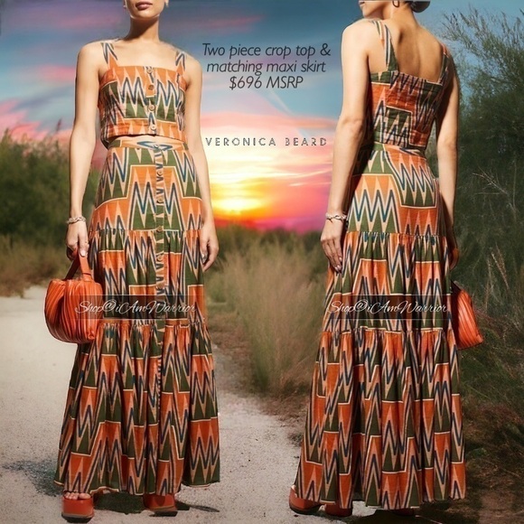 Veronica Beard 2 piece linen abstract crop top + maxiskirt set *shop@iamwarrior